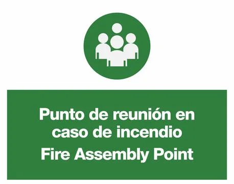 Fire Assembly Point Green Safety Signage Set in English and Spanish Stock Illustration