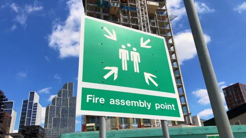 Fire assembly point sign, Nine Elms, London. Static shot, 4K. Stock Footage 313719100