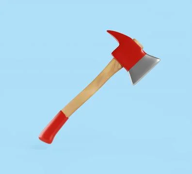 Fire axe 3d icon isolated on blue background. Firefighter assault ax, red Illustrazione stock