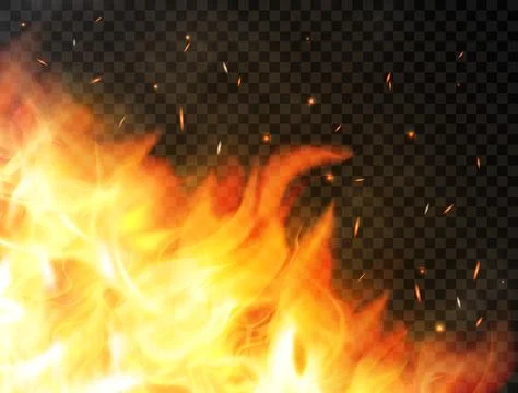Fire background with flames, red fire sparks, glowing particles and smoke. Re Stock Illustration