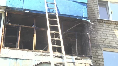 Fire on the balcony. Fire hydrant Video stock 77945542