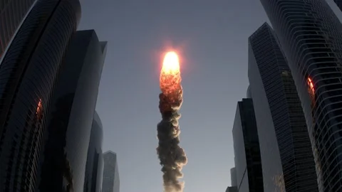 Fire ball flies between skyscrapers Stock Footage 145415833