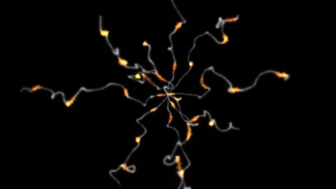 Fire balls moving on line streaks on dark background Stock Footage 345136862