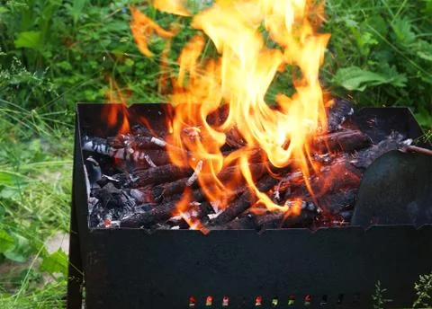 Fire in Barbecue, closeup Stock Photos