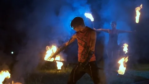 Fire Baton Show By Man. Video stock 109374383