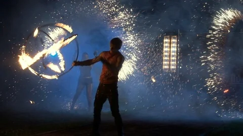 Fire Baton Show By Man. Stock Footage 109374414