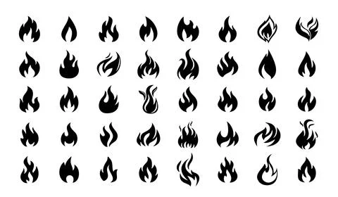 Fire black icons set. Firework, bonfire, flare and flame. Glowing sparkles and Stockillustratie