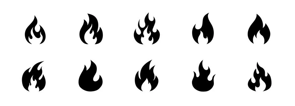 Fire black solid icons. Flame vector silhouette Illustrazione stock