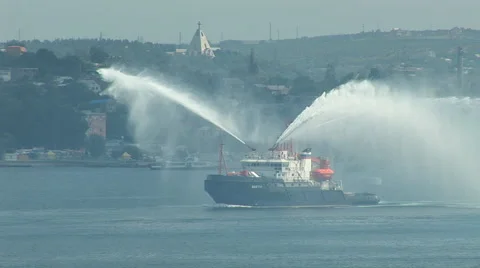 Fire boat demonstrates its capabilities Stock Footage 49607432