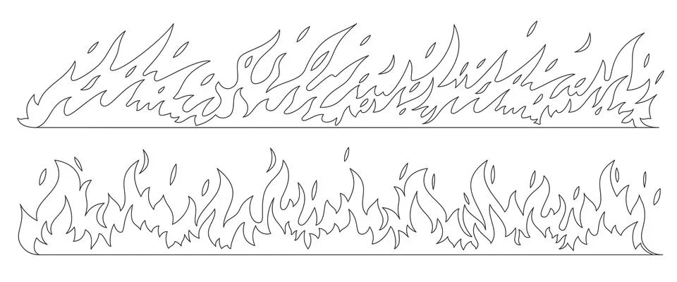 Fire bonfire border flames thin black line set Stock Illustration