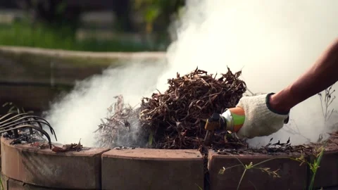 Fire bonfire. Close-up shot of the flames burning in the garden. White smoke  Video stock 220764102
