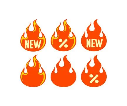 Fire, bonfire, flame, label and tag, sticker with word new, graphic design Stock Illustration