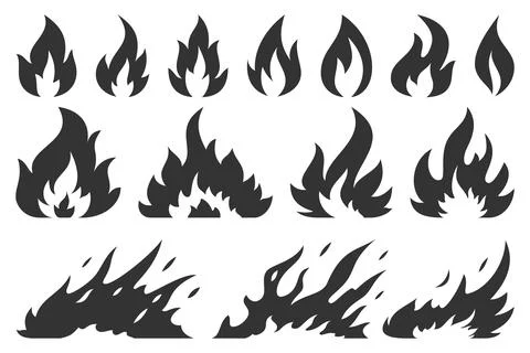 Fire bonfire ignition flames black silhouette set Stock Illustration
