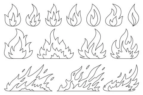 Fire bonfire ignition flames thin black line set Stock Illustration