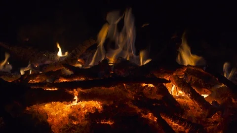 Fire on bonfire red-hot coals close up. 4K UHD video footage Stock Footage 98486443