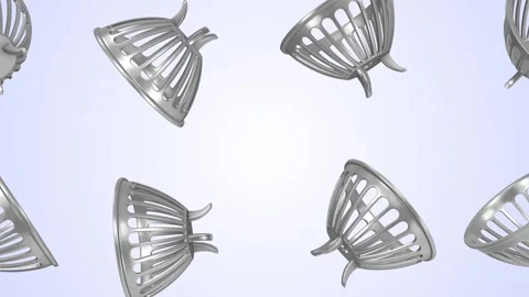 Fire Braziers Falling on a Light Blue Background. Metal Fire Braziers 3D. 4K Stock Footage 307136689