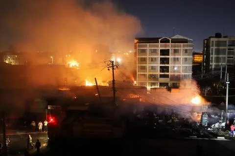 Fire breaks out after explosion at Kentainers Company in Nairobi, Kenya - 02 Feb 写真素材