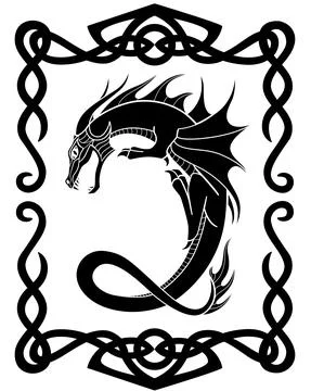 Fire-breathing dragon in a Celtic frame - a vector silhouette Illustrazione stock