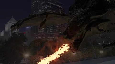 Fire-breathing dragon in flight 3D Stock Footage 256846917