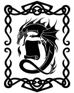 Fire-breathing dragon with a scroll of parchment in a Celtic frame - a vector Illustrazione stock