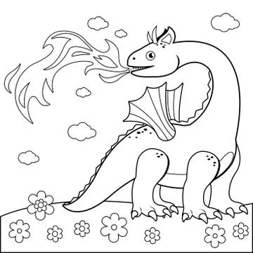 Fire breathing dragon. Vector black and white coloring page. Stock Illustration