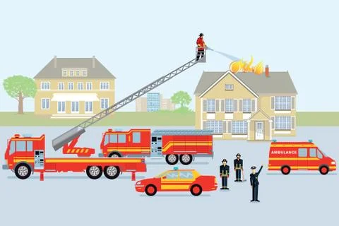 Fire brigade and fireman. Red fire truck Illustrazione stock