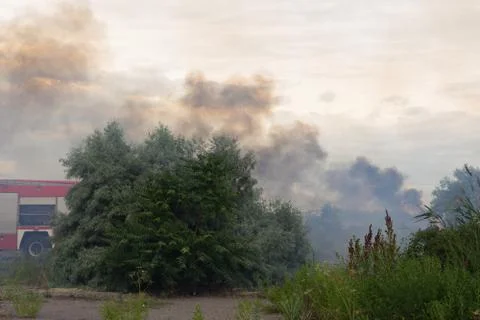 A fire brigade on a fire engine extinguishes a forest fire. Inscriptions on t Stock Photos