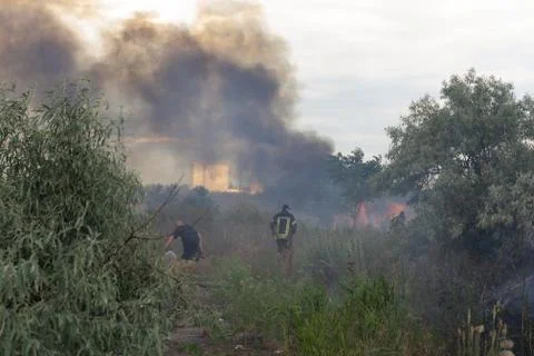 A fire brigade on a fire engine extinguishes a forest fire. Inscriptions on t Stock Photos