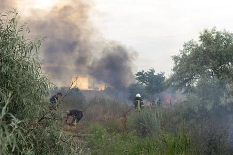 A fire brigade on a fire engine extinguishes a forest fire. Inscriptions on t Stock Photos