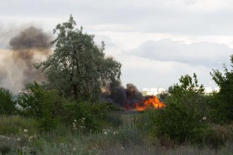 A fire brigade on a fire engine extinguishes a forest fire. Inscriptions on t Stock Photos