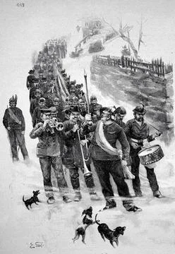 Fire brigade parade in 1889 here in Herrnskretschen today Hrensko Czech 库存插图