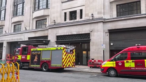 Fire brigade still on scene after blaze at Kensington Roof Gardens Stock Footage 327659255