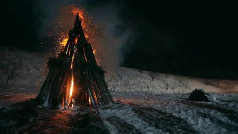 Fire, the bright flames of a burning fire burning in the night. The concept of Stock Footage 268882437