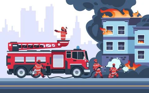 Fire building. Firemen extinguish burning house. Emergency workers put out flame Ilustración de archivo