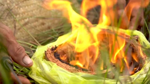 The fire burned the coconut husk. Video stock 272957863