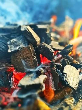 Fire burning between coal and wood Stockfoto's