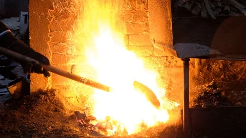 Fire burning in blacksmith’s workshop. Stock Footage 130142982