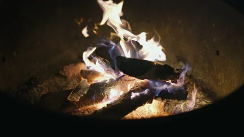 Fire Burning in Camping Fire Pit SLOMO 4k Stock Footage 235626646