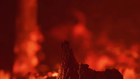 Fire burning in a dark area with glowing embers and ash present Stock Footage 341005515
