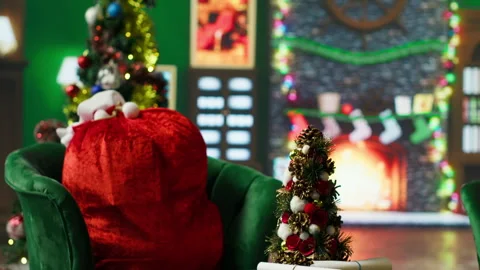 Fire burning in empty room fireplace decorated with Christmas tree Stock Footage 316720763