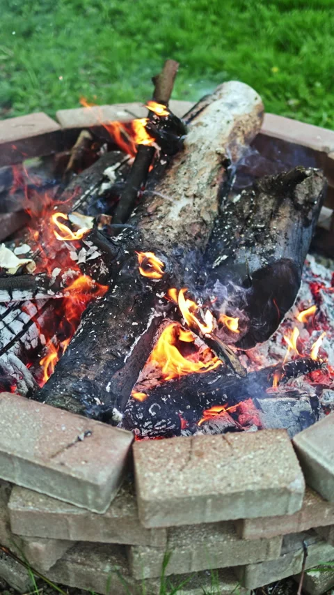 Fire burning in a fire pit with logs and embers on a cool evening in a backyard Stock Footage 337902555