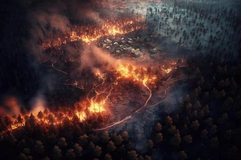 A fire burning in a forest with a lot of trees around it and a lot of house.. Stock Illustration