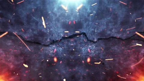 A Fire Burning in Front of a Cracked Wall and Scattered Particles. Stock Footage 247969689