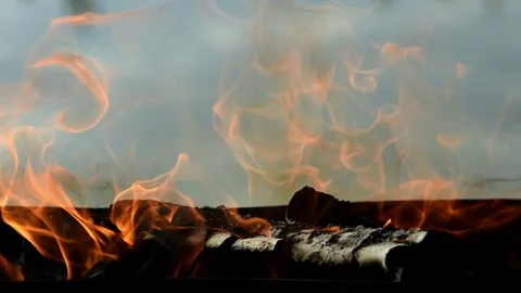 Fire burning in grill with blurred pond in background Stock Footage