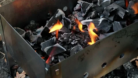 Fire is burning in grill. Cooking meat on coals. Stock Footage 139890110