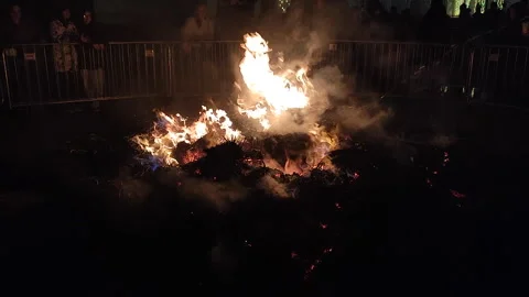 A fire of burning hay is doused with a stream of water at night Stock Footage 305034459