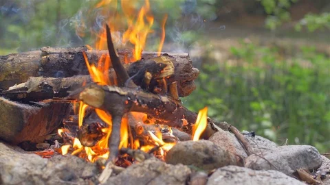 Fire burning high in a stove. Open grill. Picnic Stock Footage 113057923
