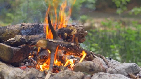 Fire burning high in a stove. Open grill. Picnic Stock Footage 113058114