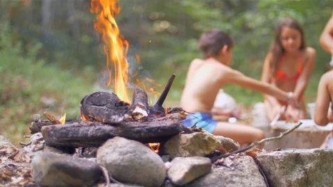 Fire burning high in a stove. Open grill. Picnic Stock Footage 113058559