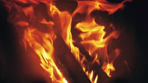 Fire is burning in home fireplace background. Hot flames bonfire in rural house Stock Footage 146447022